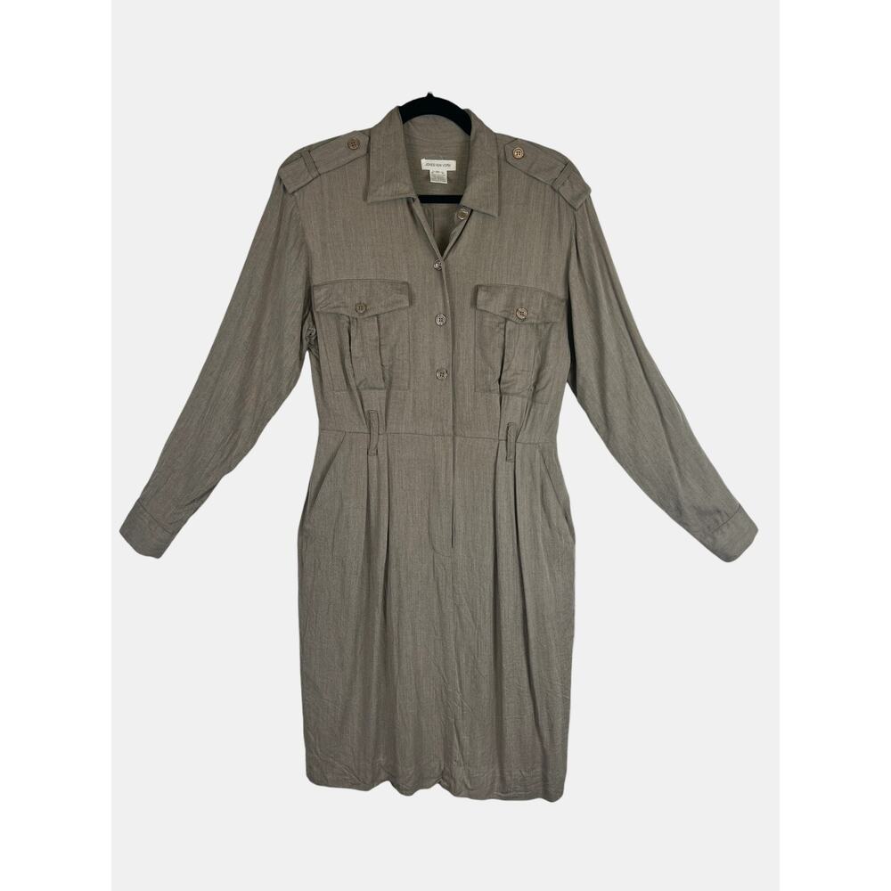Vintage 90s Jones New York Safari Shirt Dress Rayon‎ Utility Pockets Tan Small 8